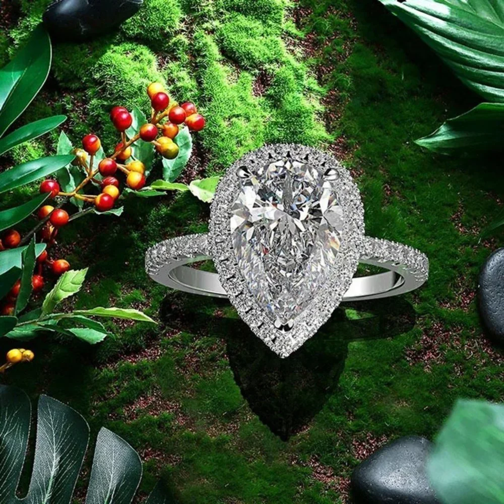 Elegant Water Drop Bright Zircon Thin Pear Wedding Ring for Women, PD510